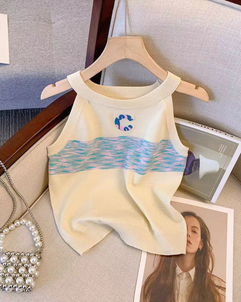 Renk Bloklama Kolsuz Triko Üst