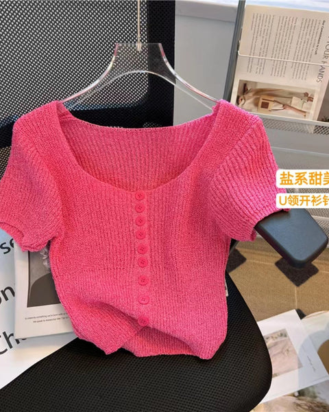 Kare Yaka Kısa Kollu Hırka