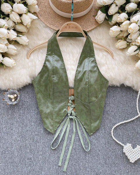 PU Deri Bağcıklı Sırt Açık Yelek