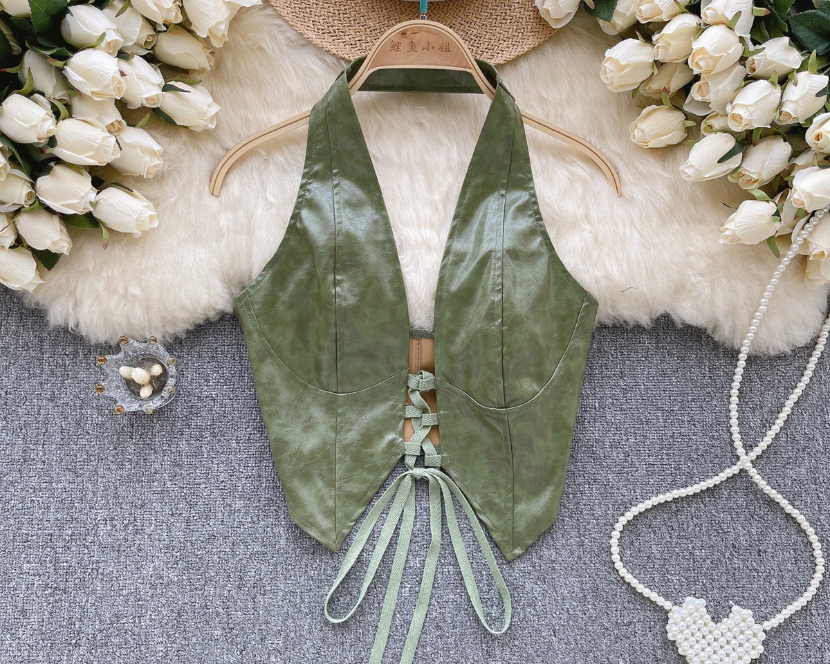 PU Deri Bağcıklı Sırt Açık Yelek