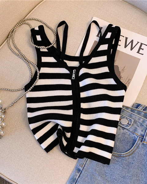 Siyah&Beyaz Çizgili Fermuarlı Atlet