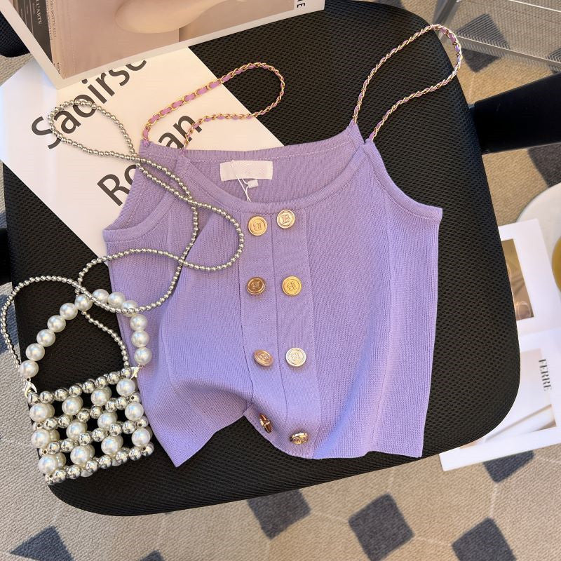 Çift Düğmeli Mor Örgü Atlet