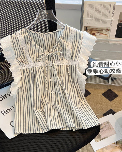 Bağcıklı Volan Kol Çizgili Bluz