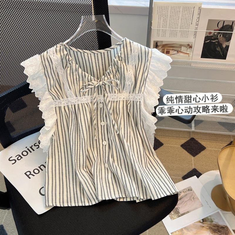 Bağcıklı Volan Kol Çizgili Bluz