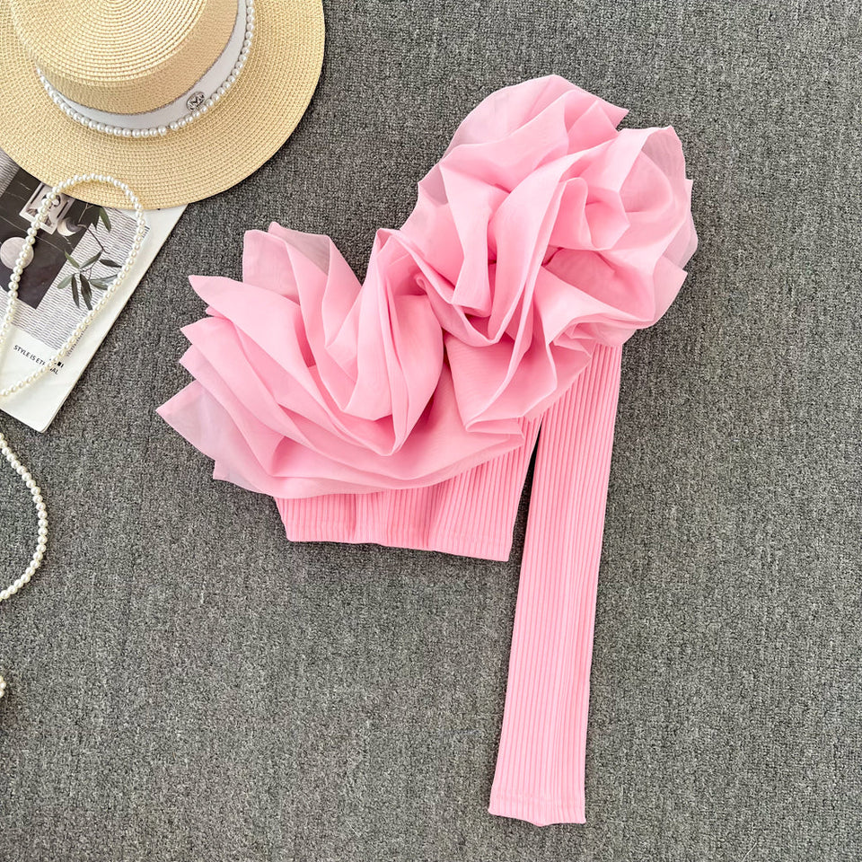 Pembe 3D Çiçekli Tek Omuz Tişört