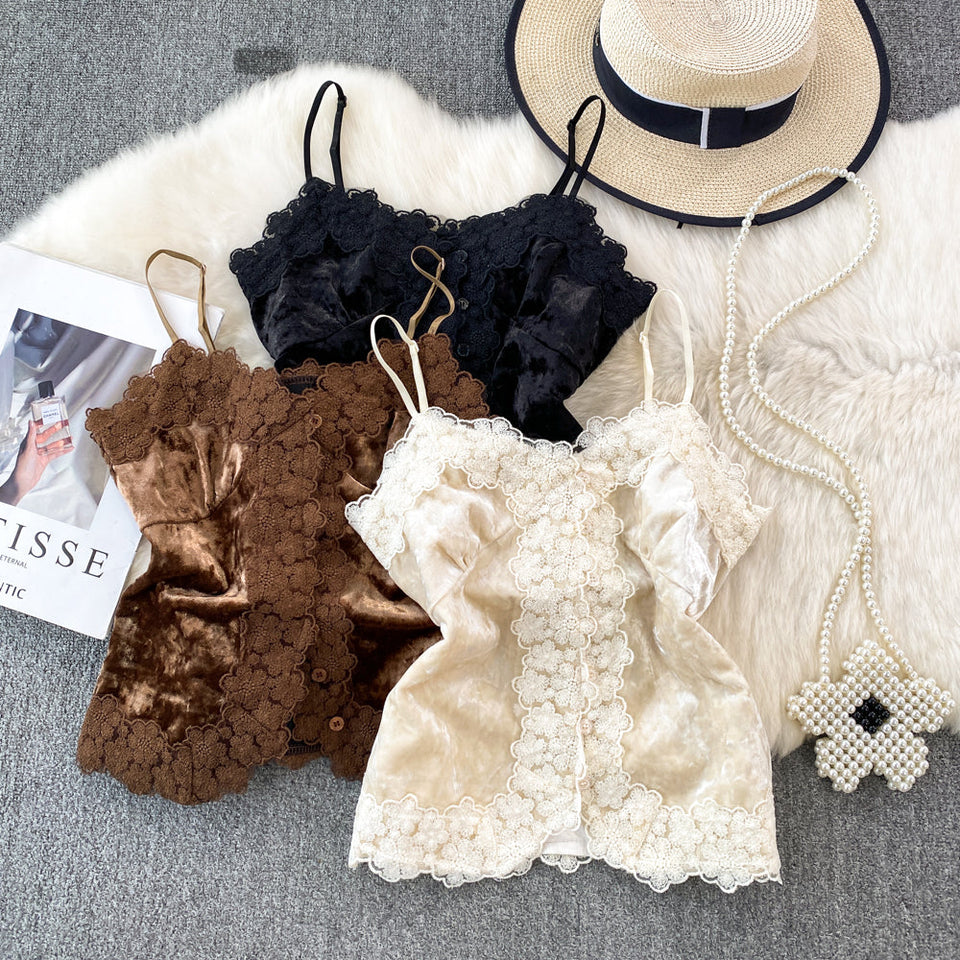 Dantel Patchwork Süet Askılı Bluz