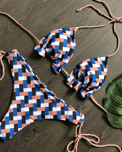 Ekoseli Baskılı Bağcıklı Bikini