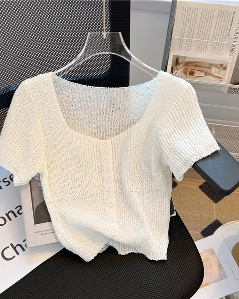 Kare Yaka Kısa Kollu Hırka