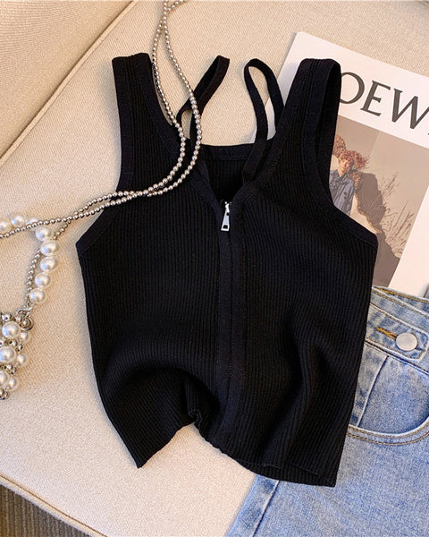 Siyah&Beyaz Çizgili Fermuarlı Atlet