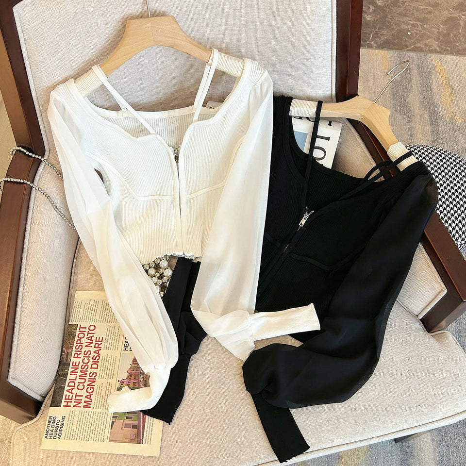 Patchwork Kapüşonlu Halter Fermuarlı Üst