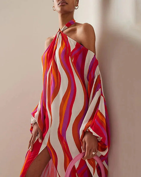 V-yaka Halter Mayo&Elbise Baskılı 2 Parça