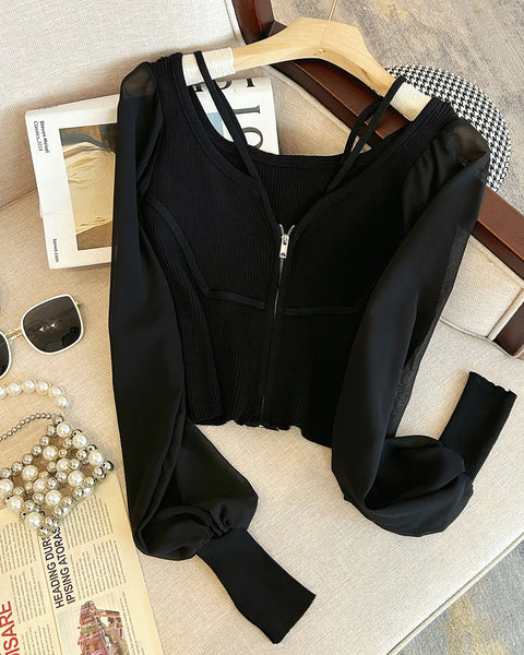 Patchwork Kapüşonlu Halter Fermuarlı Üst