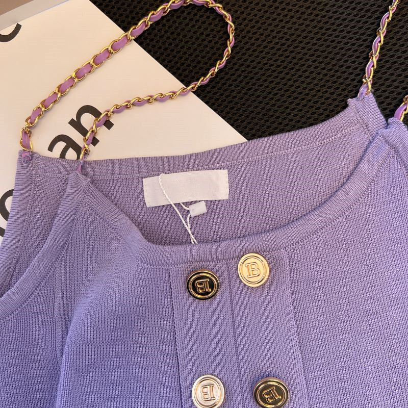 Çift Düğmeli Mor Örgü Atlet