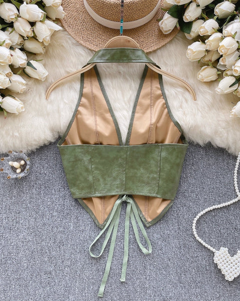 PU Deri Bağcıklı Sırt Açık Yelek