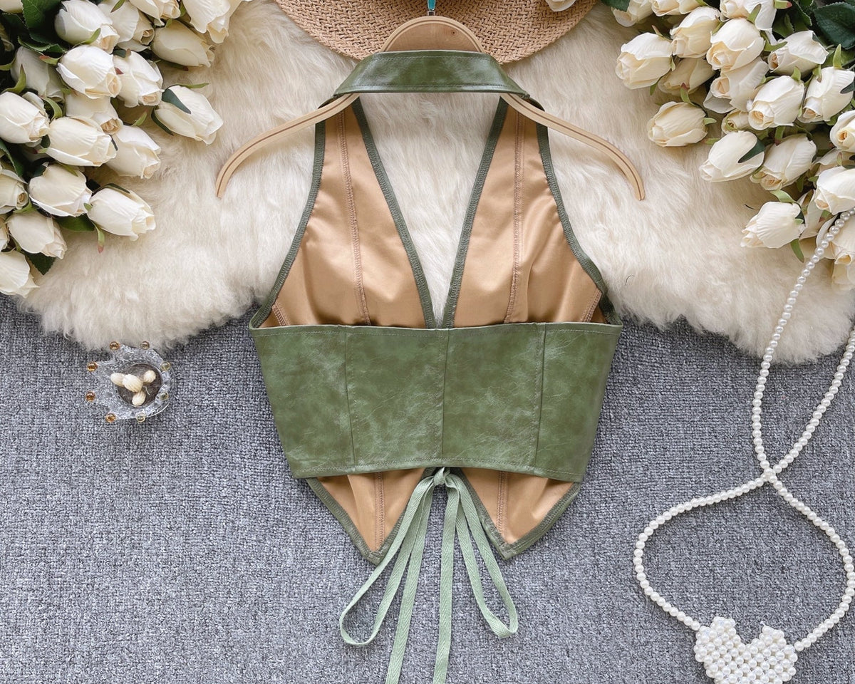 PU Deri Bağcıklı Sırt Açık Yelek