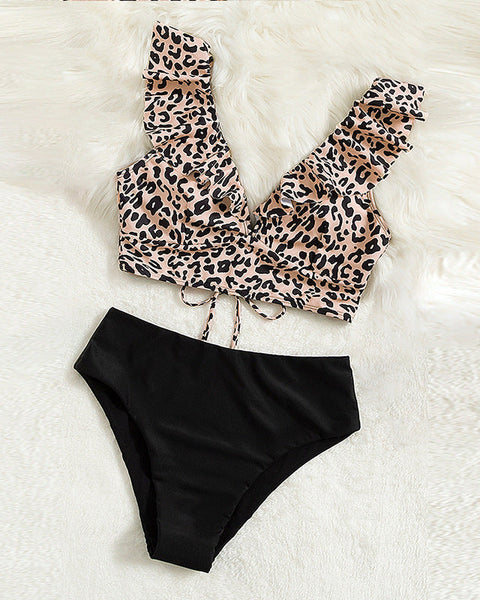 Dantel Leopar Desenli Yırtmaçlı Mayo