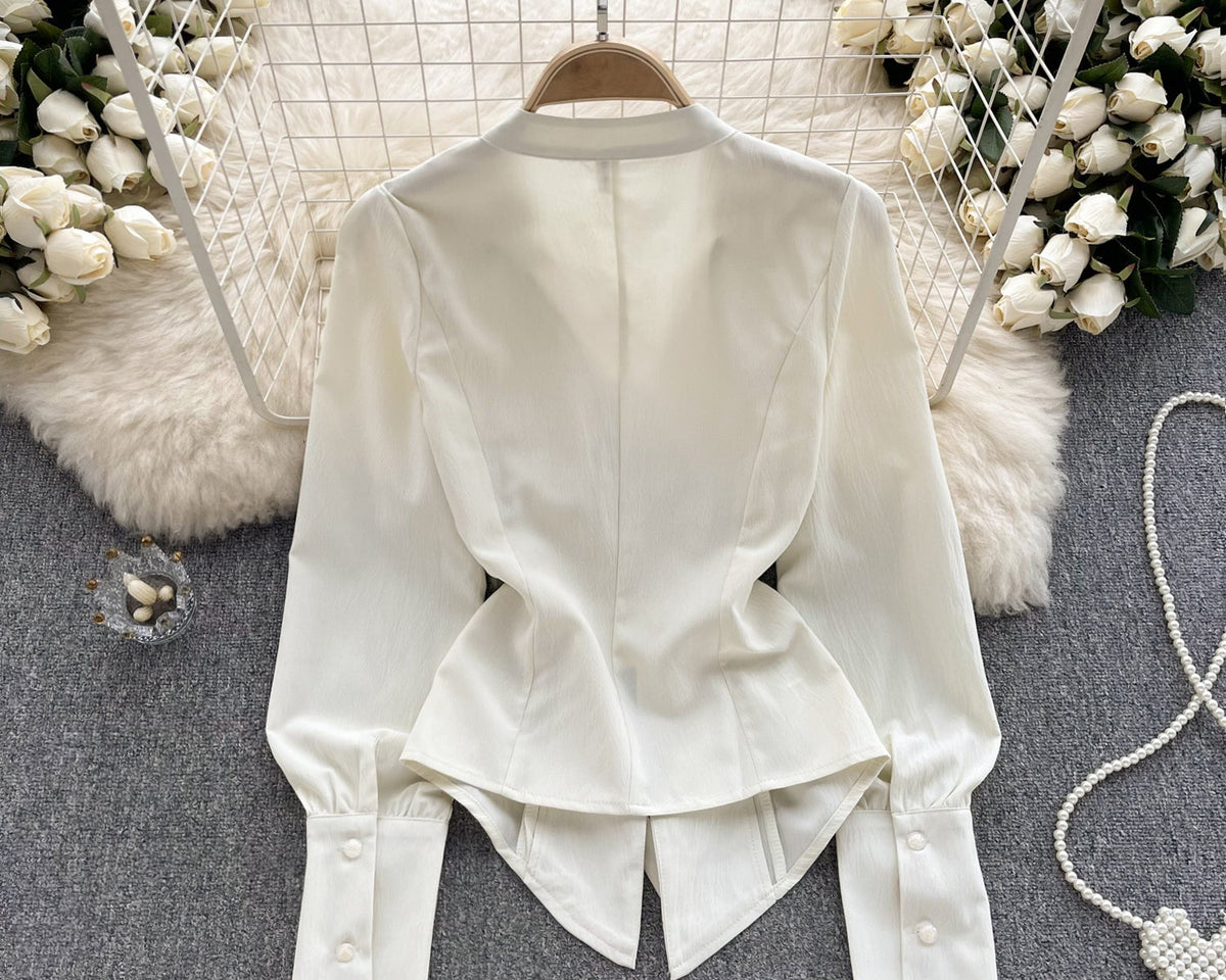 3D Çiçek Desenli Bağcıklı Plise Gömlek