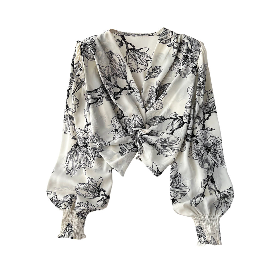 V-yaka Fırfırlı Kol Çiçekli Gömlek