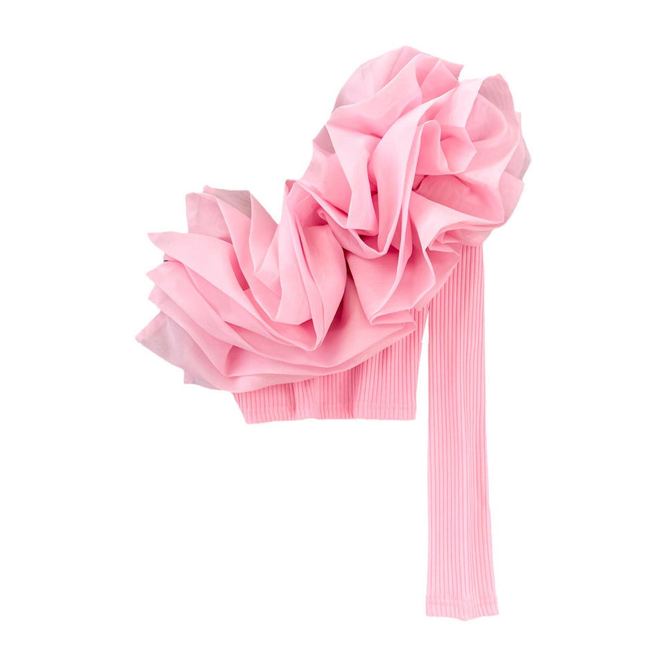 Pembe 3D Çiçekli Tek Omuz Tişört