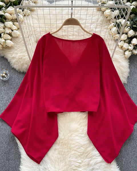 V-Yaka Kıvrımlı Düz Renk Şifon Bluz