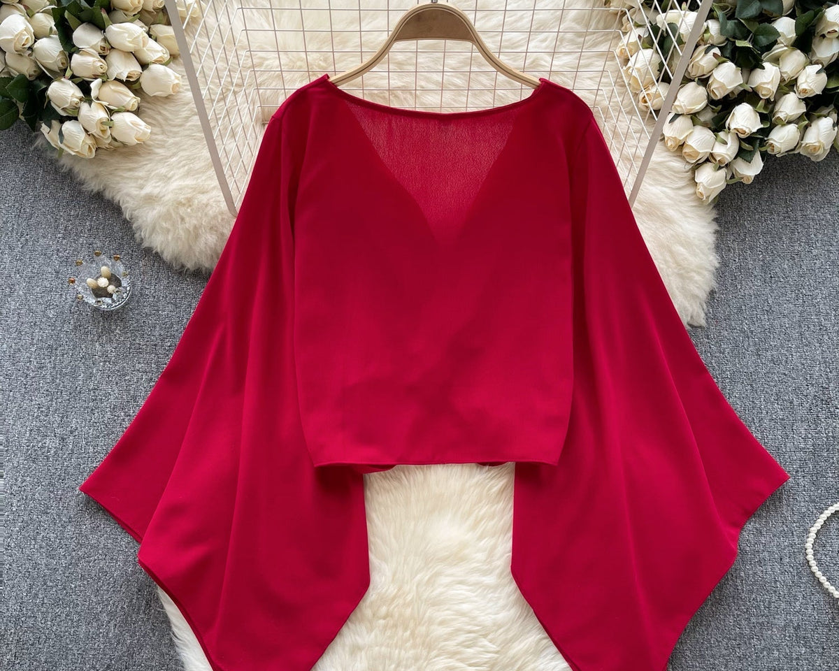 V-Yaka Kıvrımlı Düz Renk Şifon Bluz