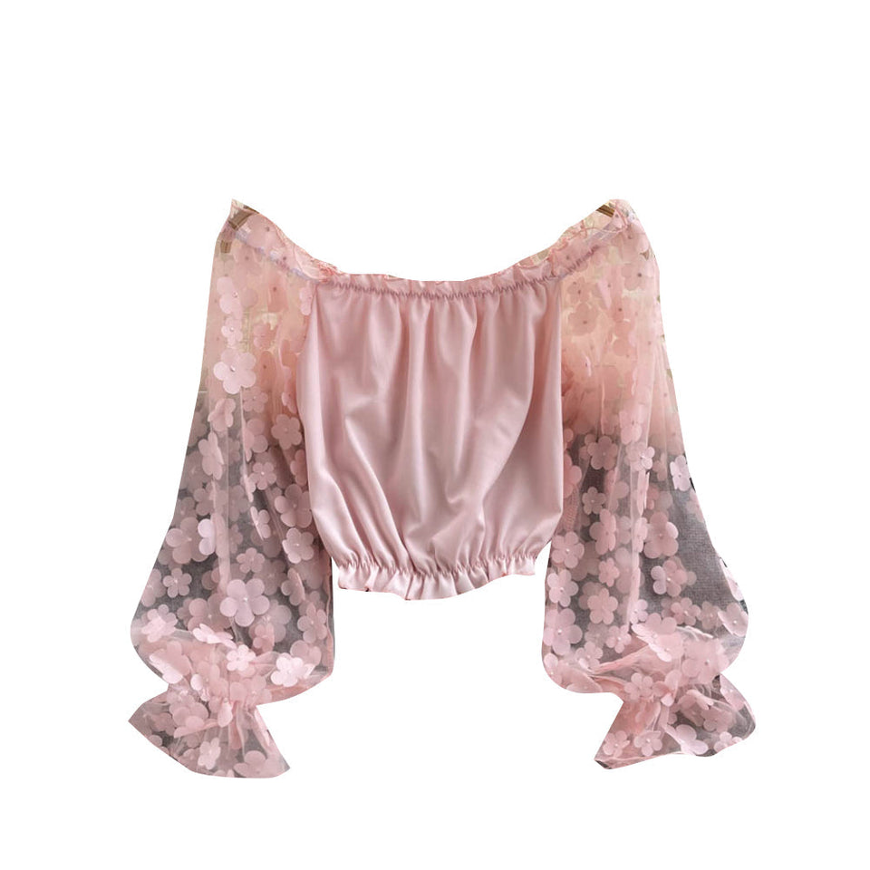 Omuzdan Açık Kısa File Çiçekli Bluz