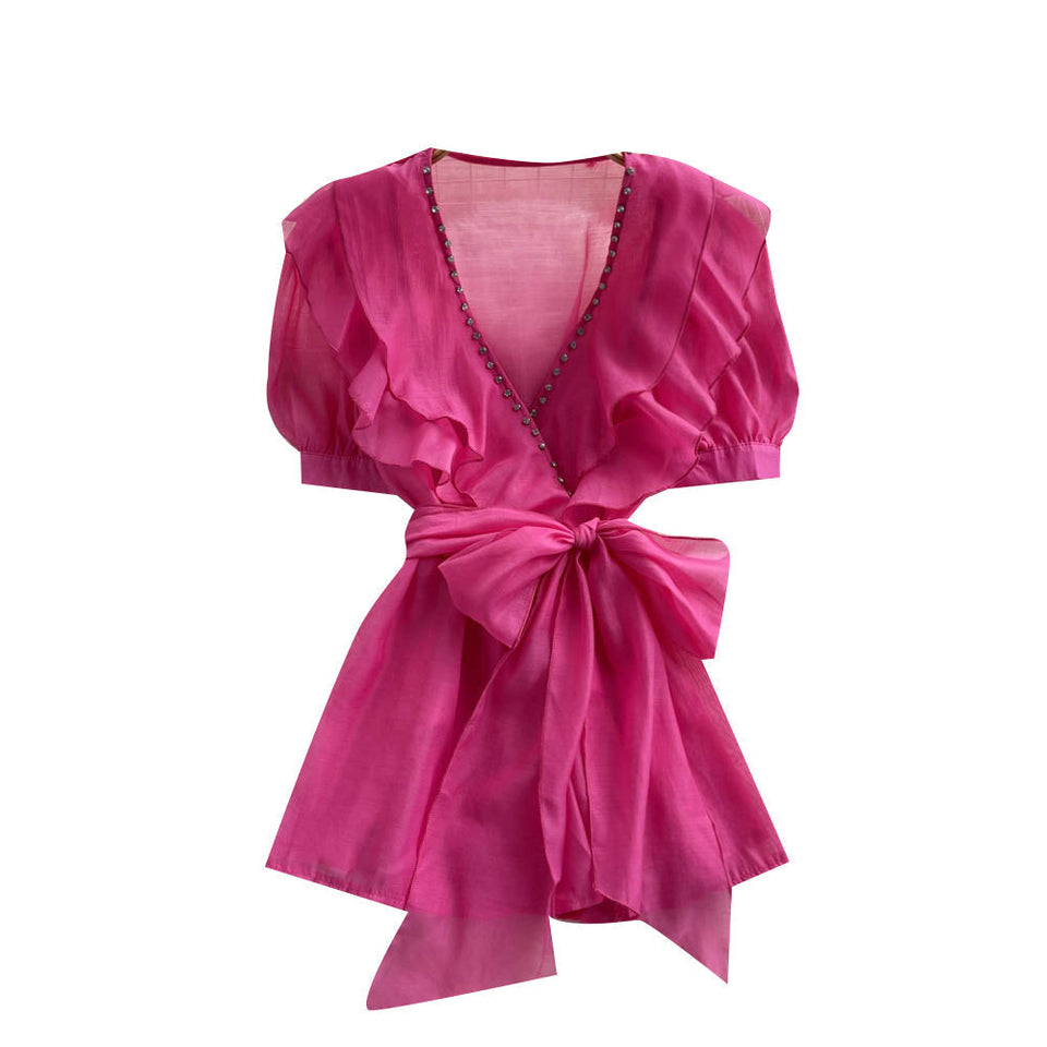 Boncuklu Papyon Detaylı  Mesh Şifon Üst