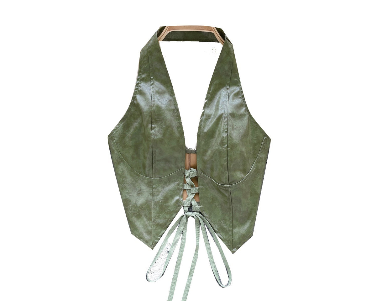 PU Deri Bağcıklı Sırt Açık Yelek