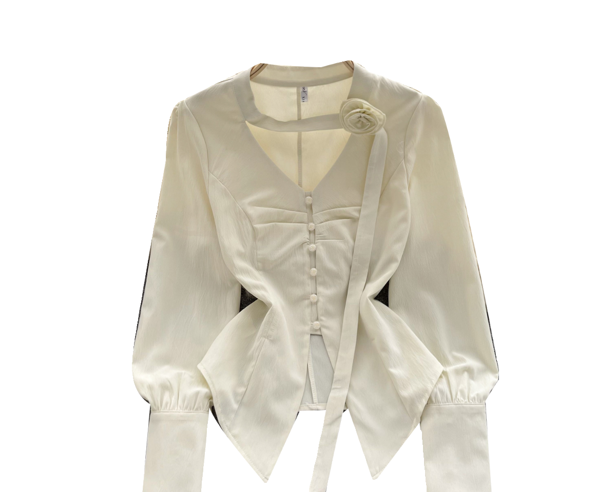 3D Çiçek Desenli Bağcıklı Plise Gömlek