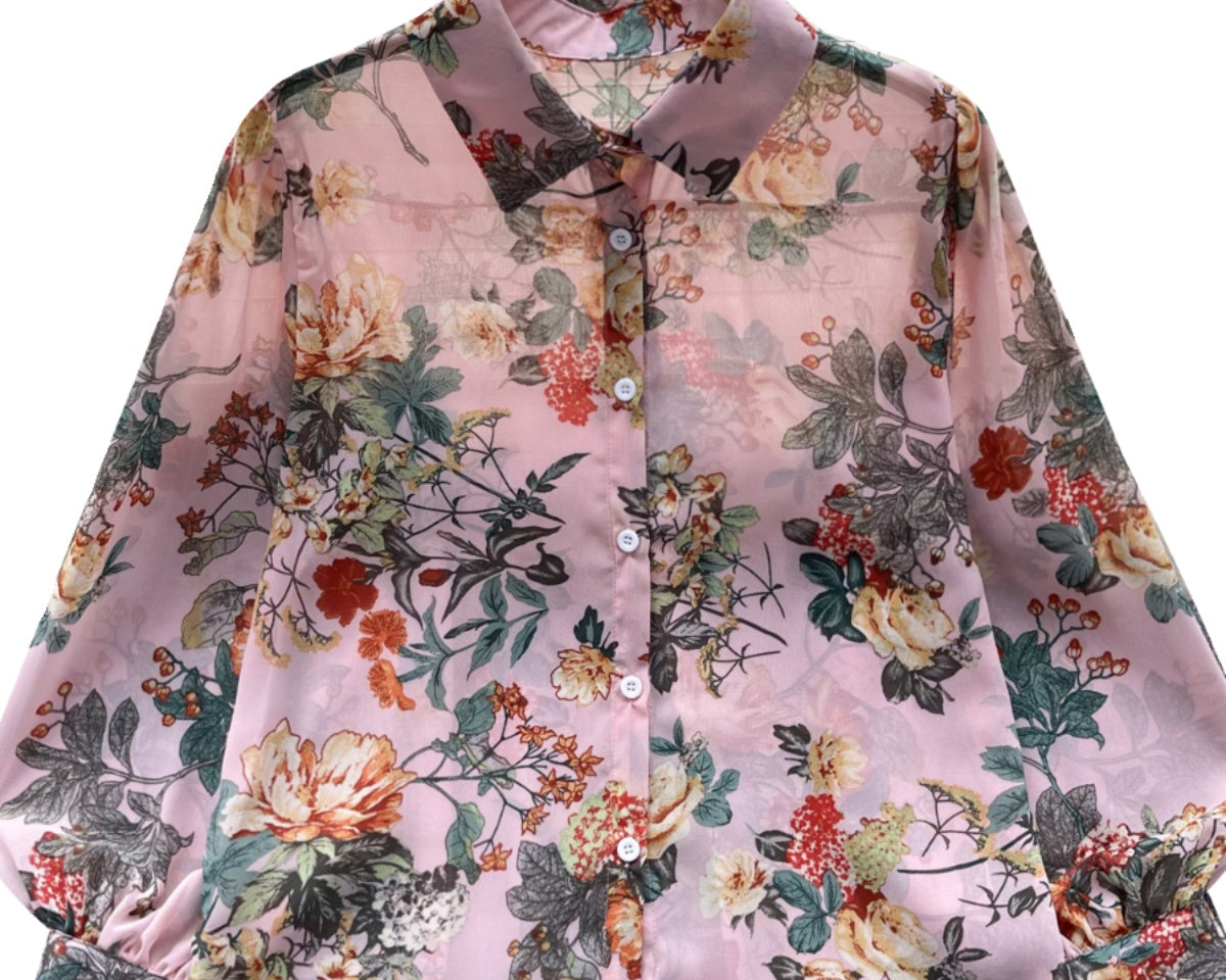 Vintage Çiçek Desenli Bol Gömlek