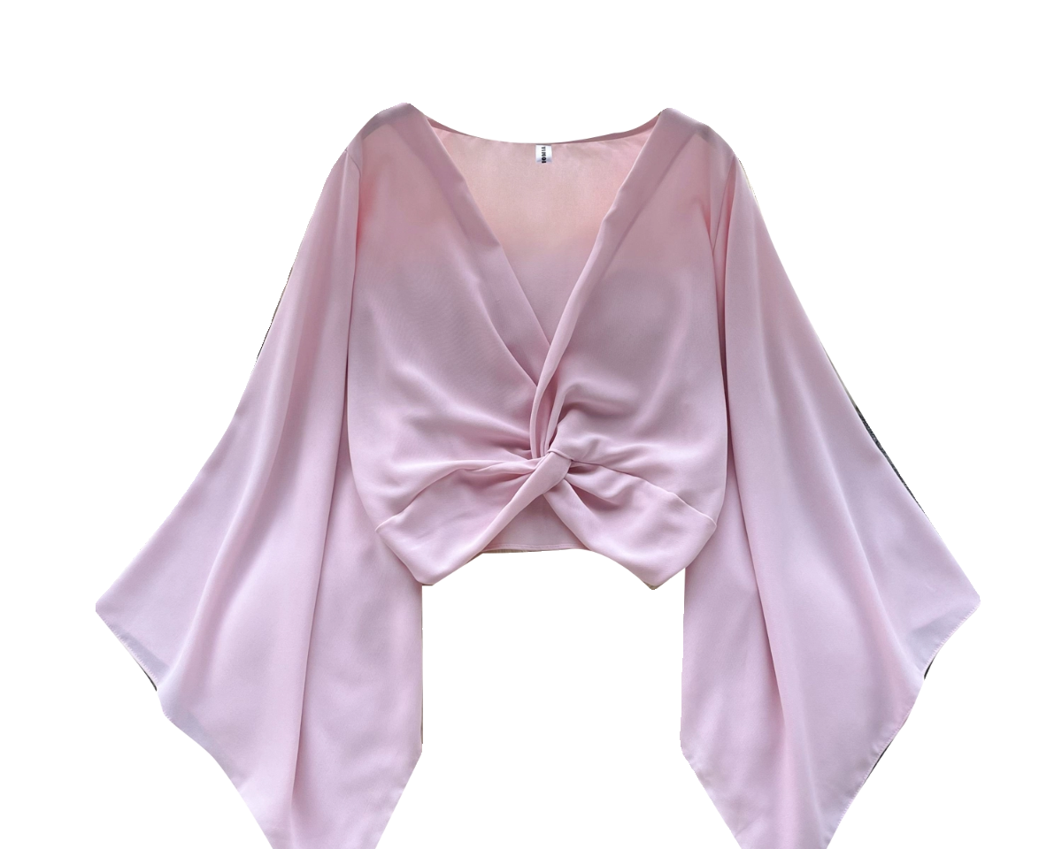 V-Yaka Kıvrımlı Düz Renk Şifon Bluz