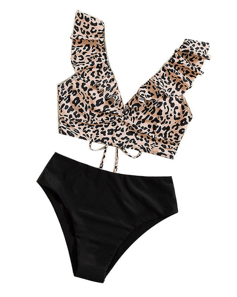 Dantel Leopar Desenli Yırtmaçlı Mayo