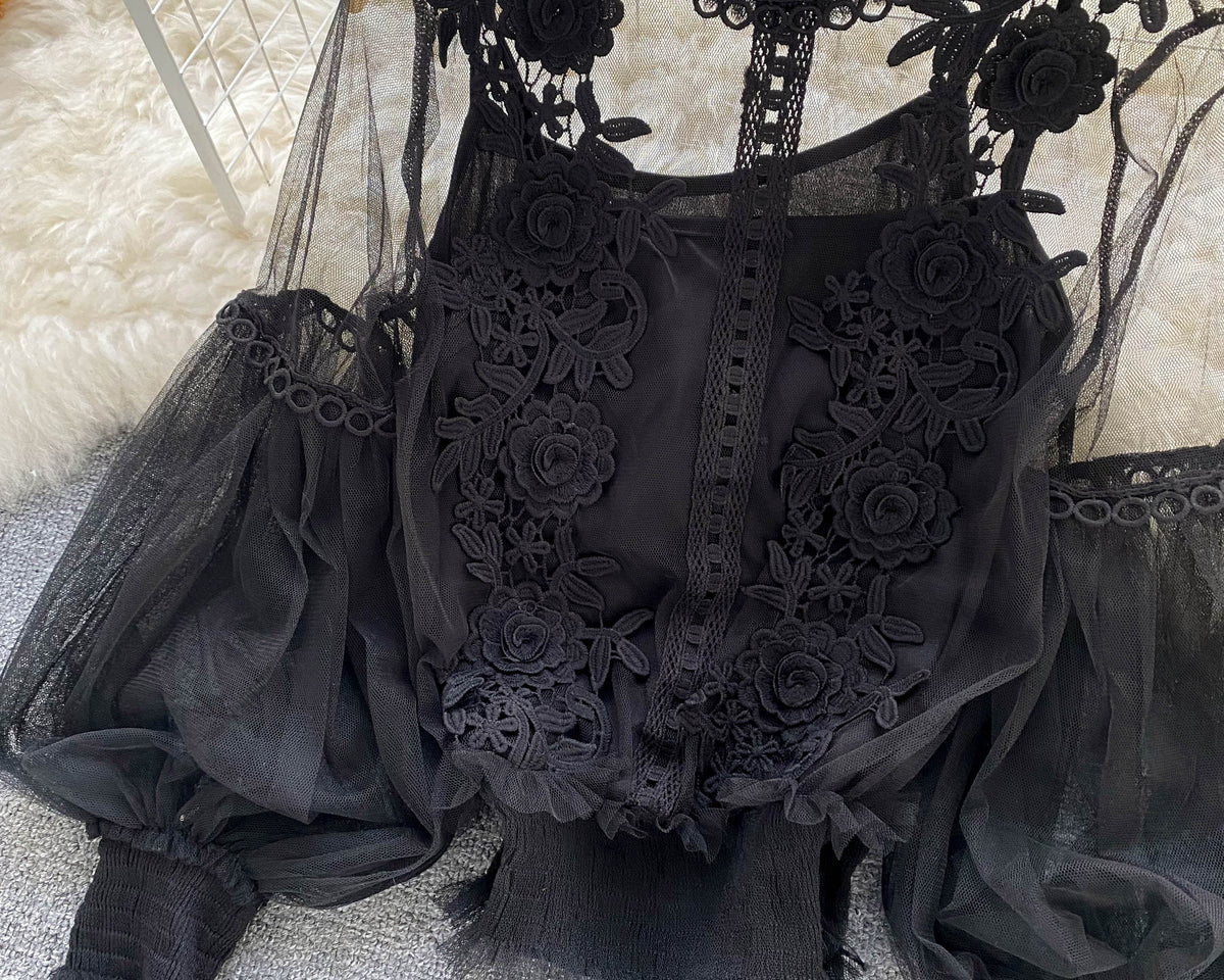 File Fener Kol Dantel İşlemeli Gömlek