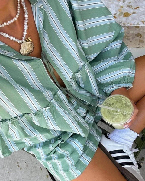 Çizgili Desenli Gömlek ve Şort Seti