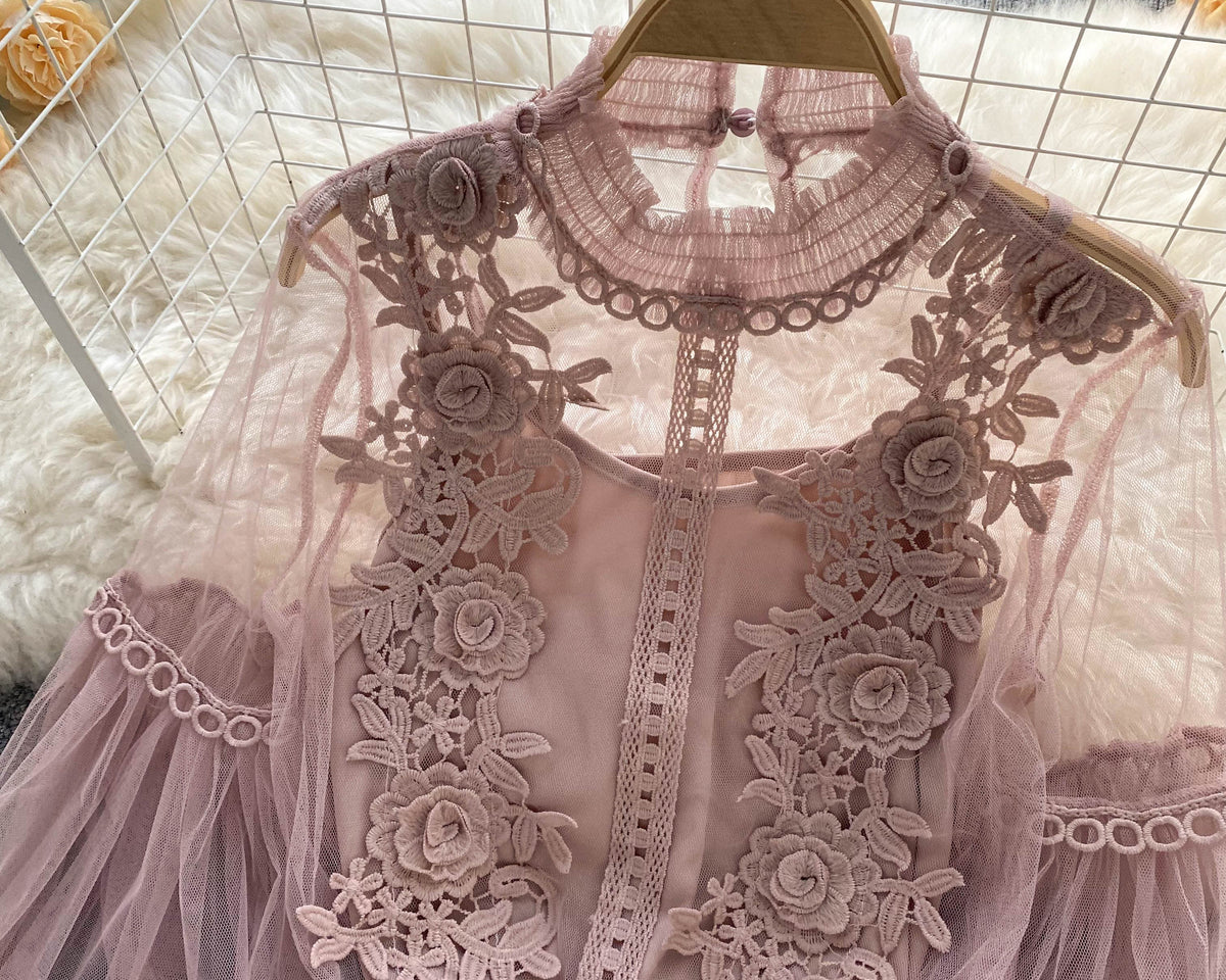 File Fener Kol Dantel İşlemeli Gömlek