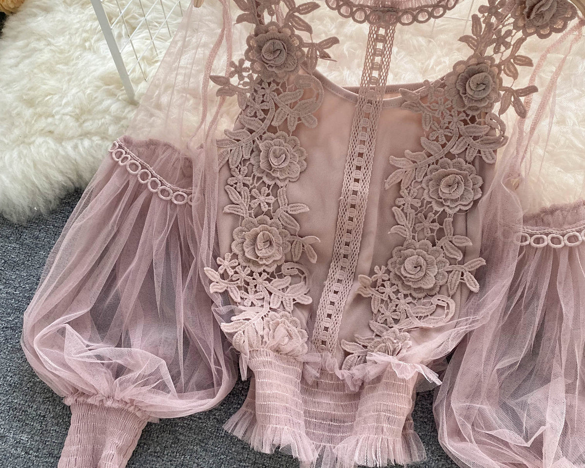 File Fener Kol Dantel İşlemeli Gömlek