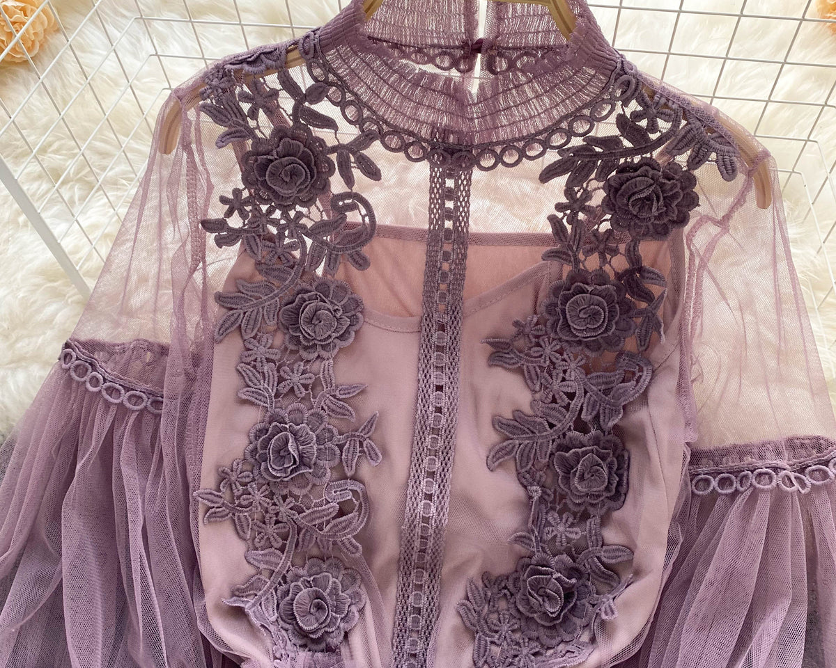 File Fener Kol Dantel İşlemeli Gömlek