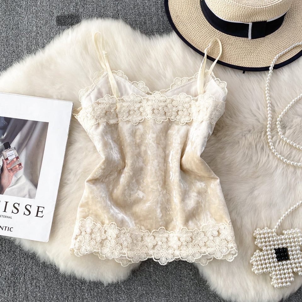 Dantel Patchwork Süet Askılı Bluz