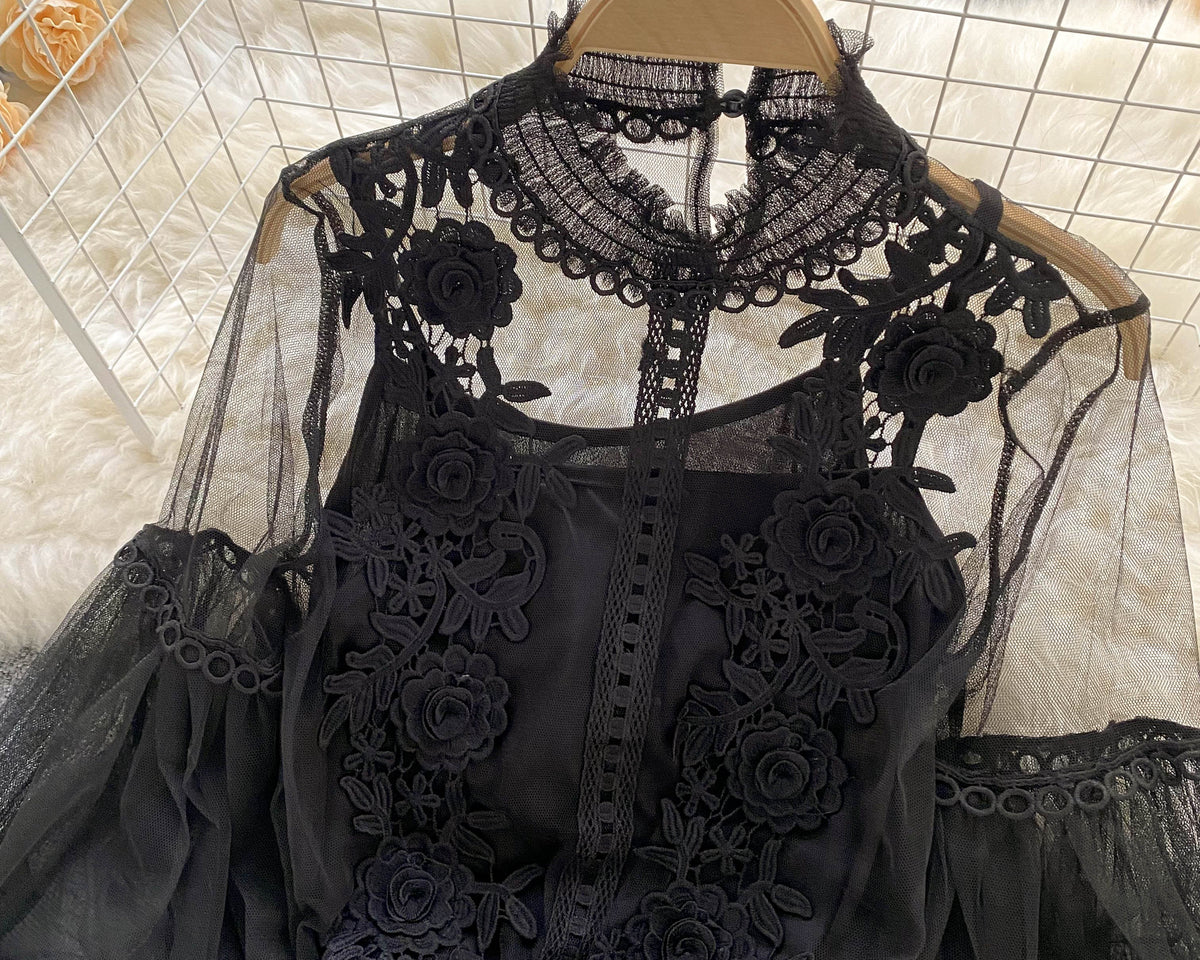 File Fener Kol Dantel İşlemeli Gömlek