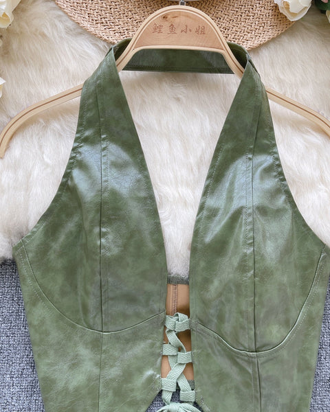 PU Deri Bağcıklı Sırt Açık Yelek