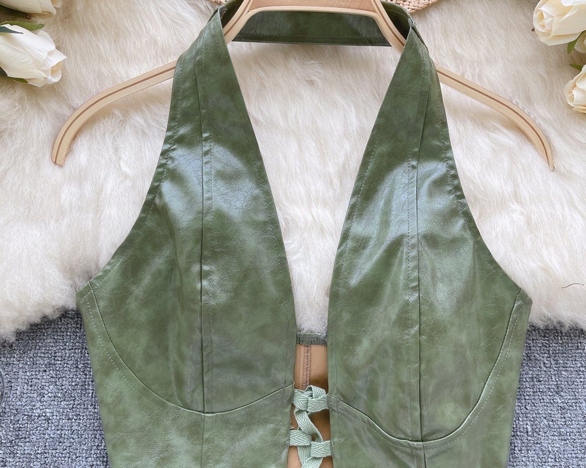 PU Deri Bağcıklı Sırt Açık Yelek