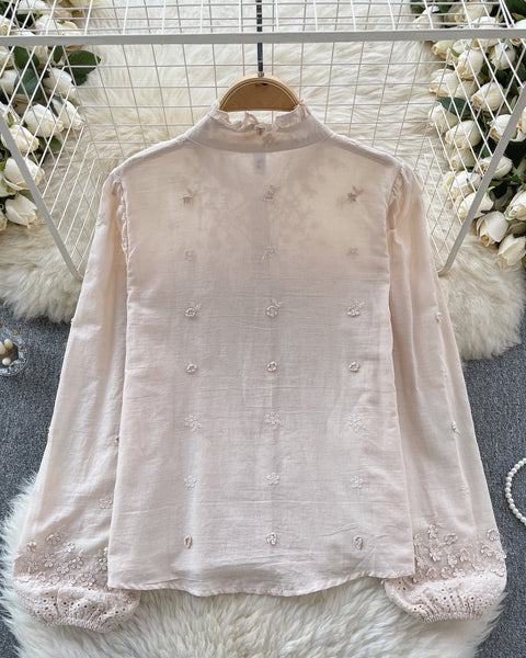 Fırfırlı Kol Düz Renk Nakışlı Gömlek