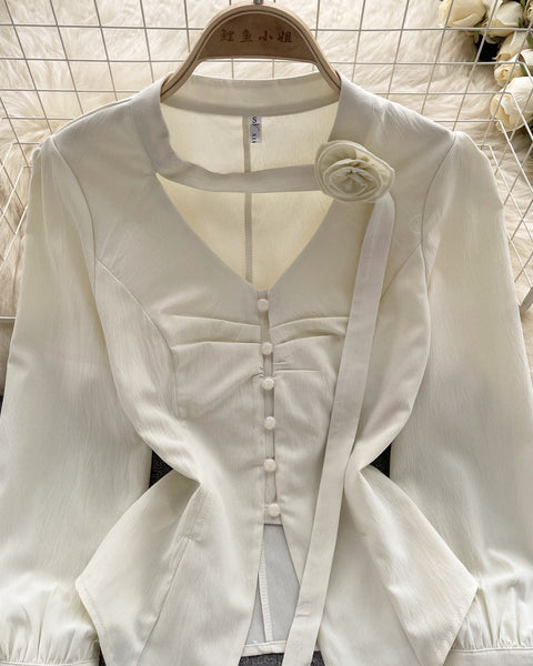 3D Çiçek Desenli Bağcıklı Plise Gömlek