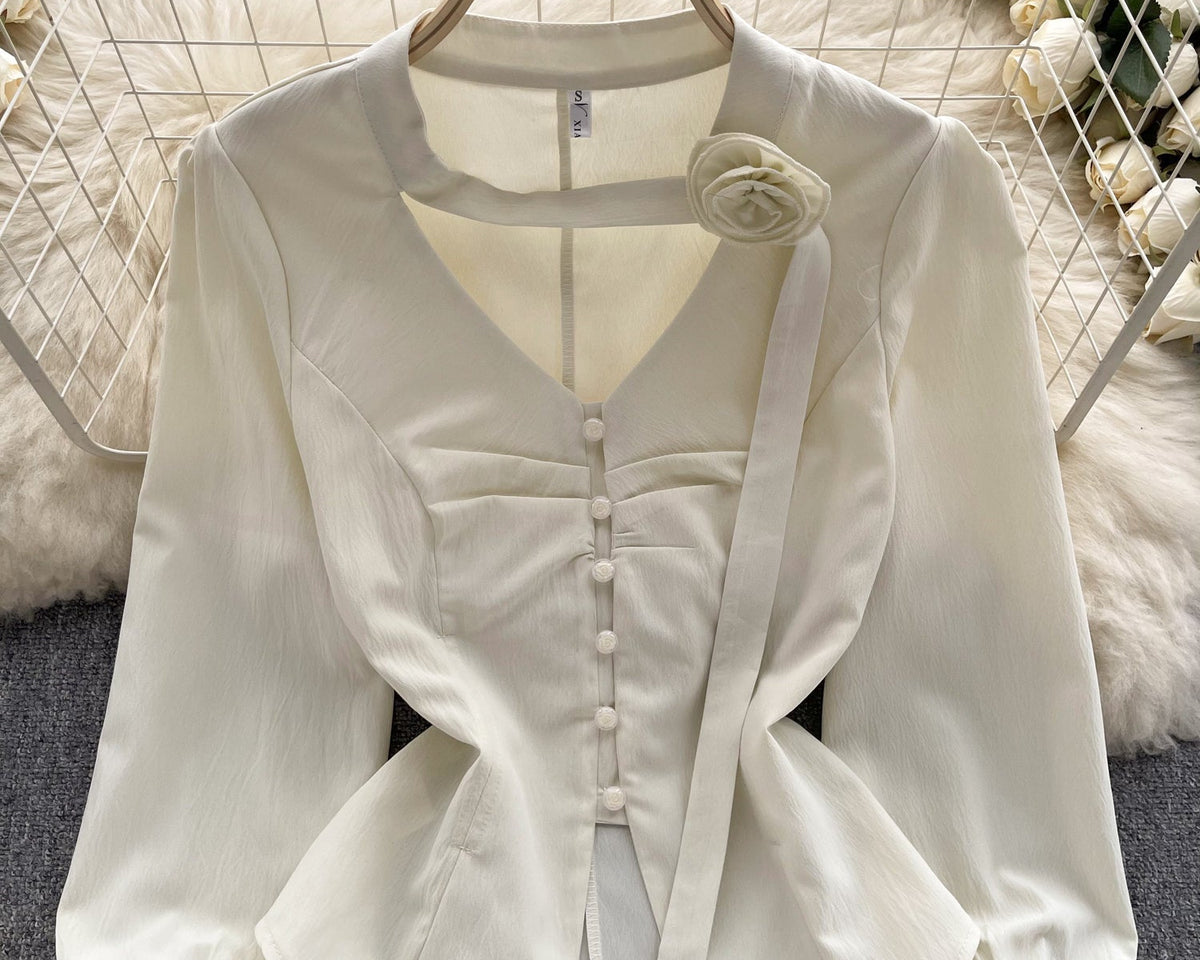 3D Çiçek Desenli Bağcıklı Plise Gömlek