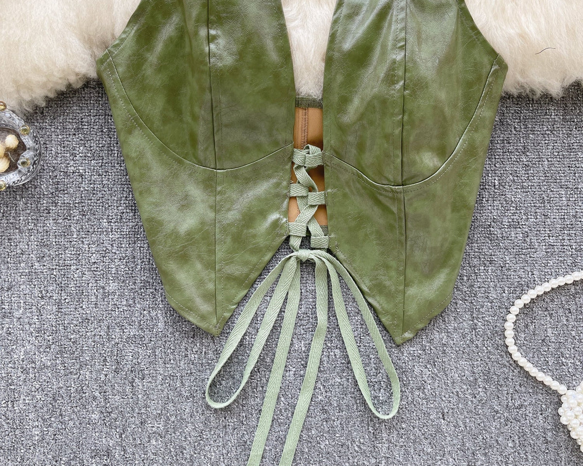 PU Deri Bağcıklı Sırt Açık Yelek