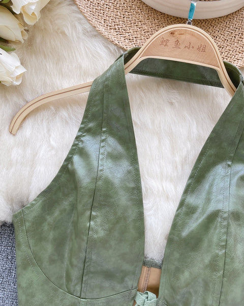 PU Deri Bağcıklı Sırt Açık Yelek