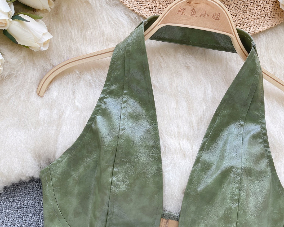 PU Deri Bağcıklı Sırt Açık Yelek