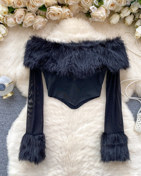 Kabarık Manşet Off-shoulder Siyah Üst