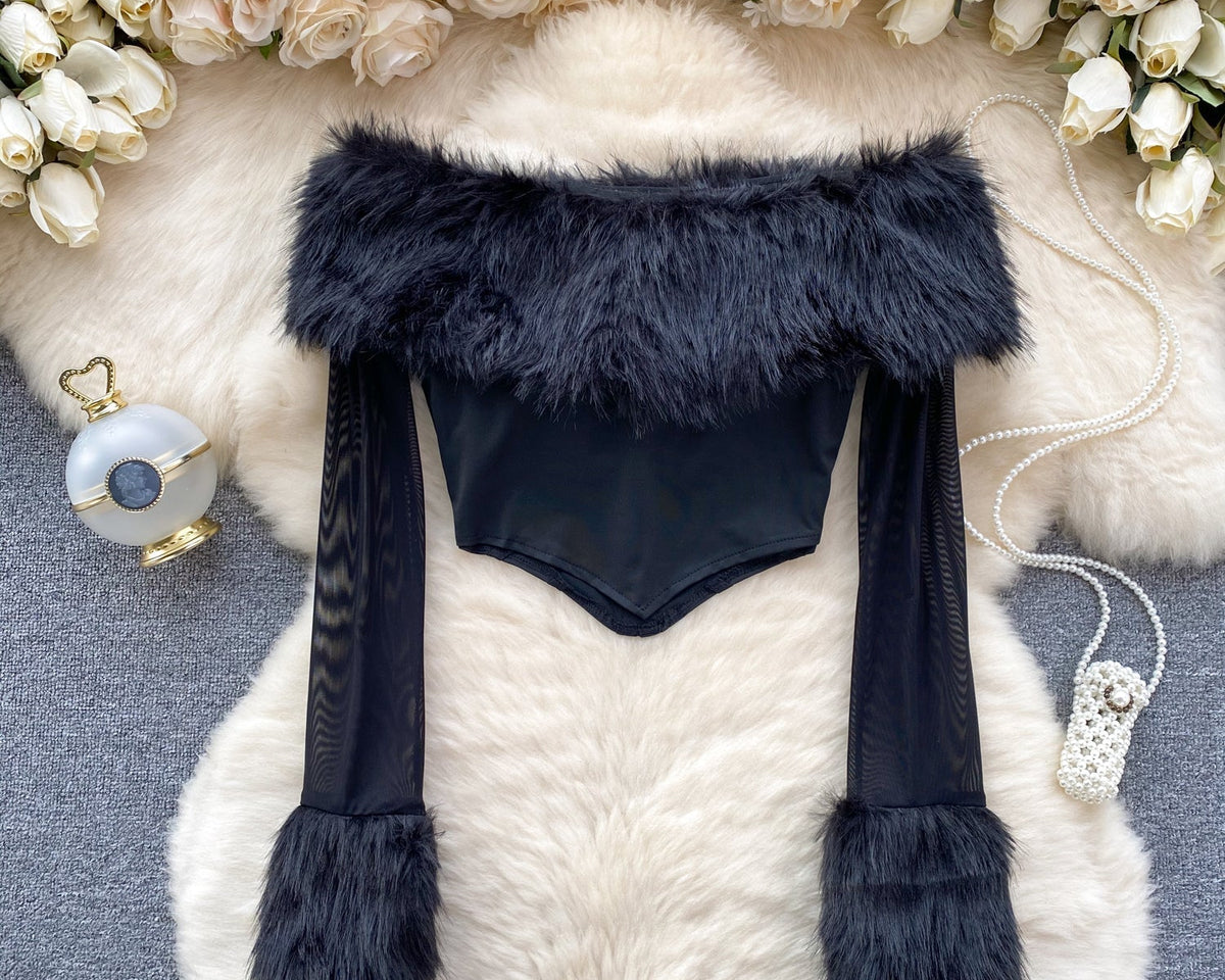 Kabarık Manşet Off-shoulder Siyah Üst