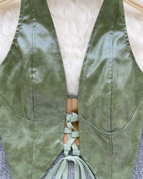 PU Deri Bağcıklı Sırt Açık Yelek